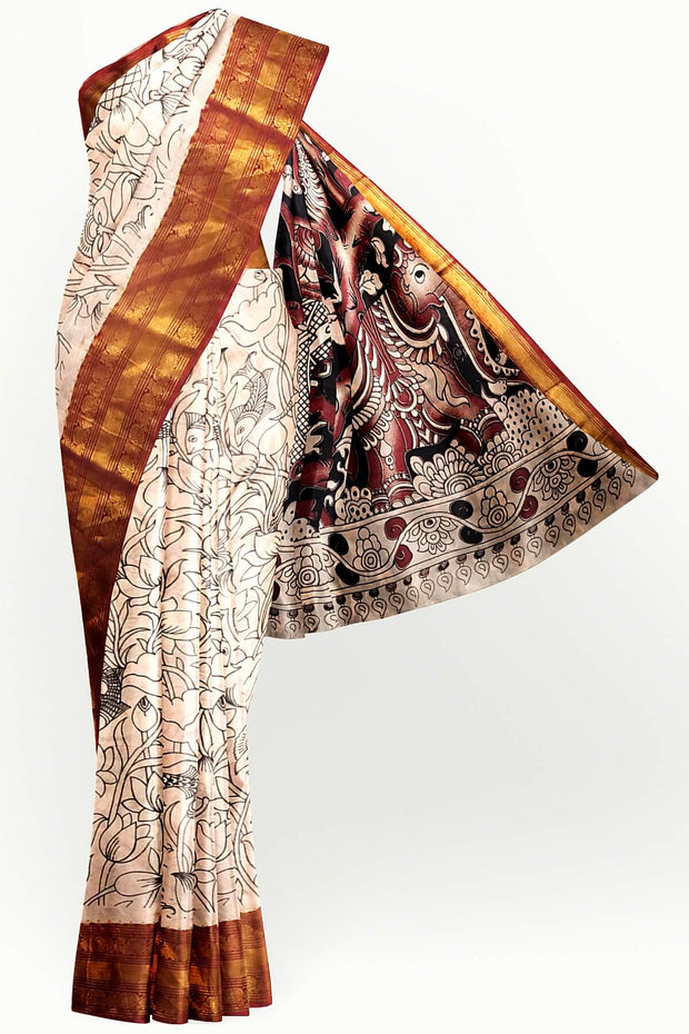 Mangalgiri silk cotton saree in  off white  in kalamkari print