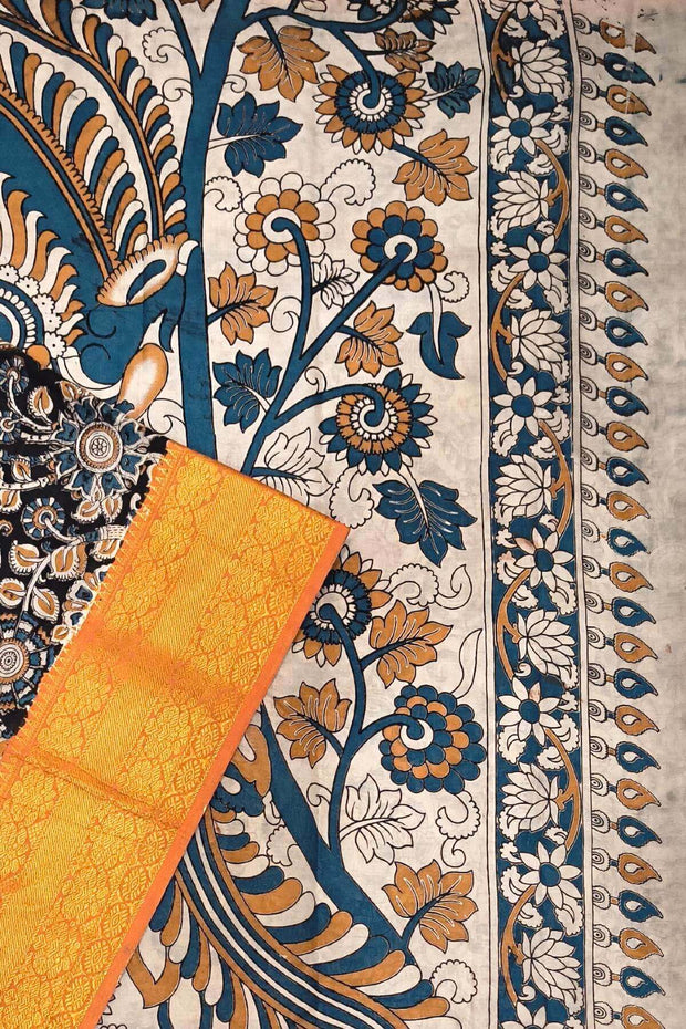 Mangalgiri silk cotton saree in  black  in kalamkari print