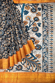 Mangalgiri silk cotton saree in  black  in kalamkari print