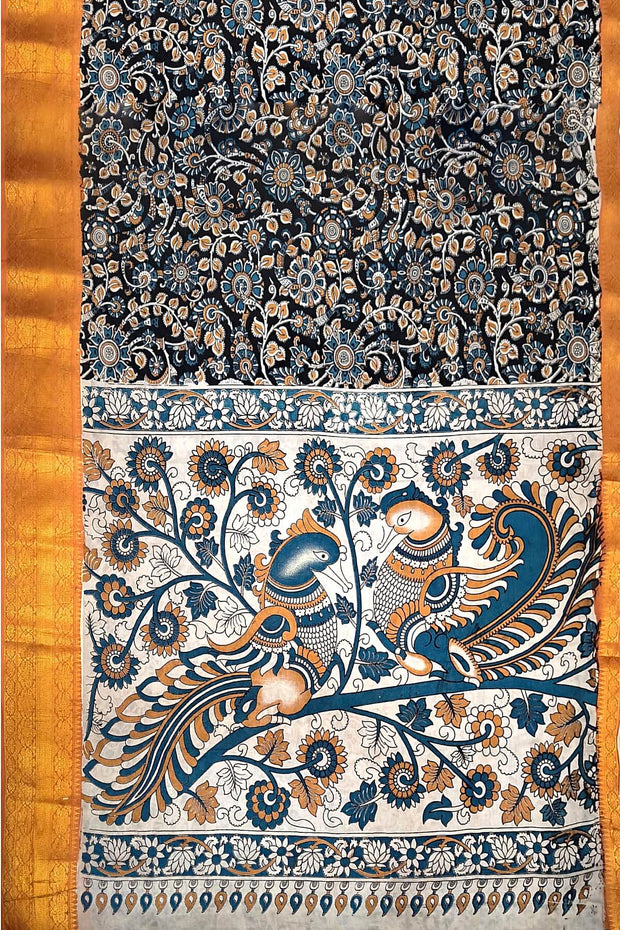 Mangalgiri silk cotton saree in  black  in kalamkari print