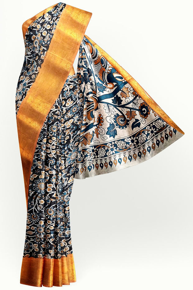 Mangalgiri silk cotton saree in  black  in kalamkari print