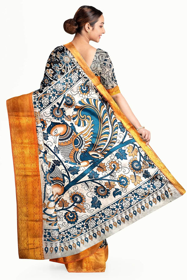 Mangalgiri silk cotton saree in  black  in kalamkari print