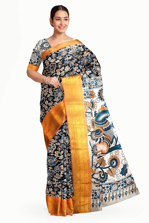 Mangalgiri silk cotton saree in  black  in kalamkari print