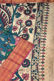 Mangalgiri silk cotton saree in  peacock blue  in kalamkari print