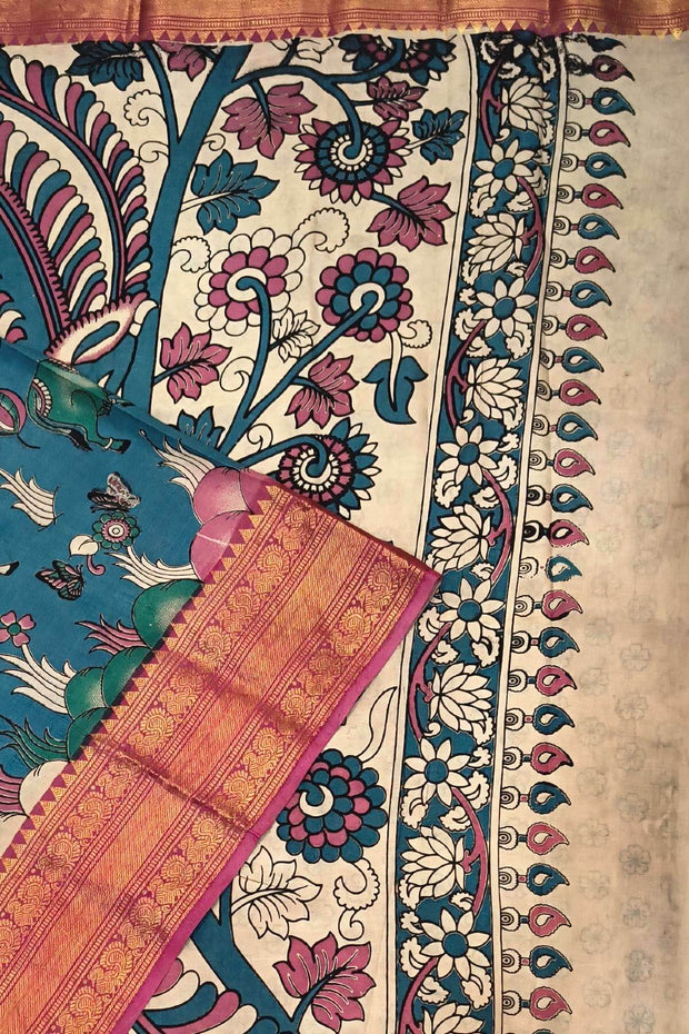 Mangalgiri silk cotton saree in  peacock blue  in kalamkari print