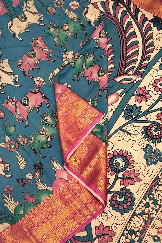 Mangalgiri silk cotton saree in  peacock blue  in kalamkari print