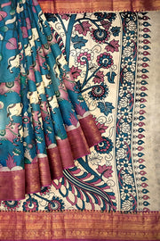 Mangalgiri silk cotton saree in  peacock blue  in kalamkari print