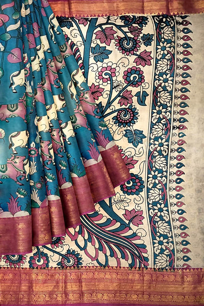 Mangalgiri silk cotton saree in  peacock blue  in kalamkari print