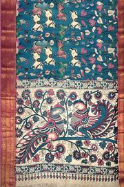Mangalgiri silk cotton saree in  peacock blue  in kalamkari print