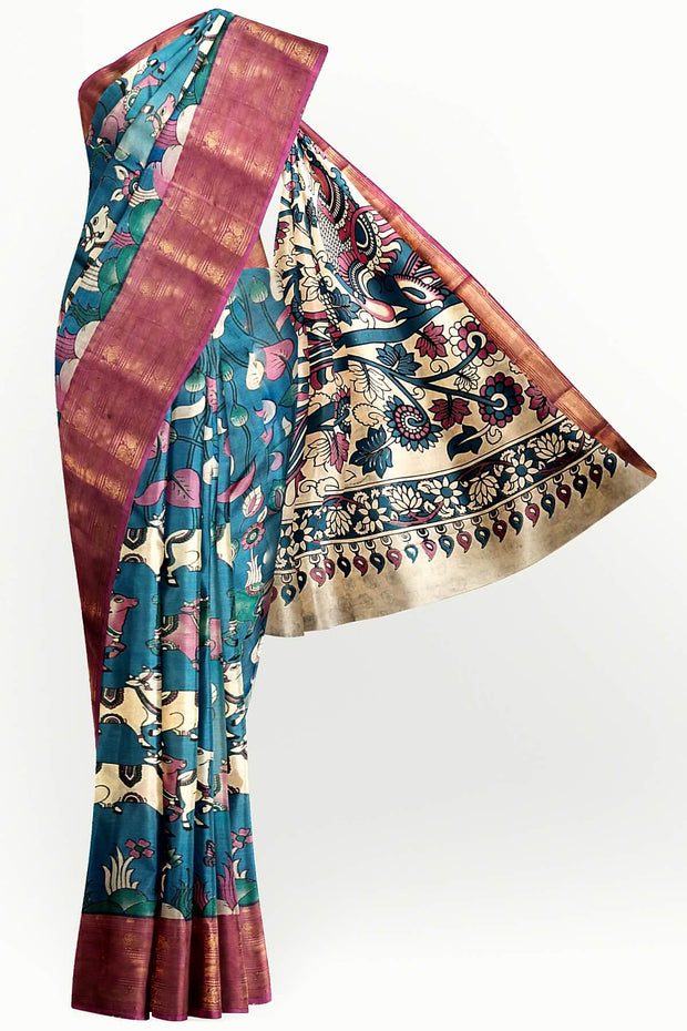 Mangalgiri silk cotton saree in  peacock blue  in kalamkari print