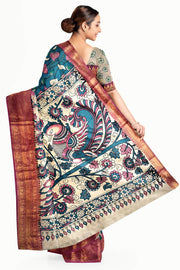 Mangalgiri silk cotton saree in  peacock blue  in kalamkari print