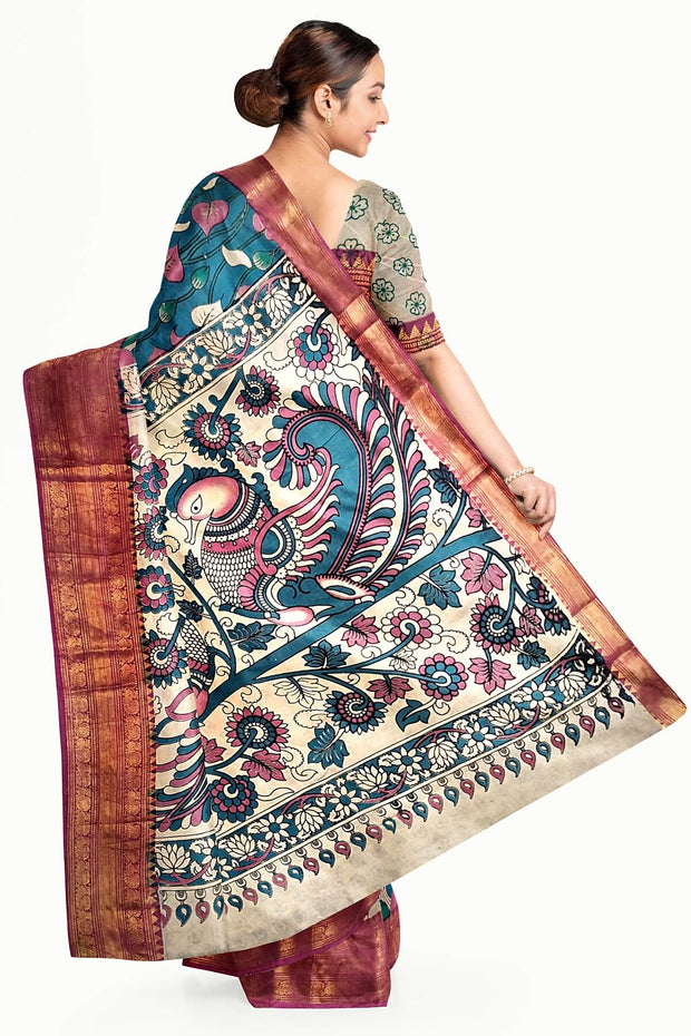 Mangalgiri silk cotton saree in  peacock blue  in kalamkari print