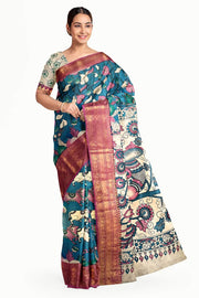Mangalgiri silk cotton saree in  peacock blue  in kalamkari print