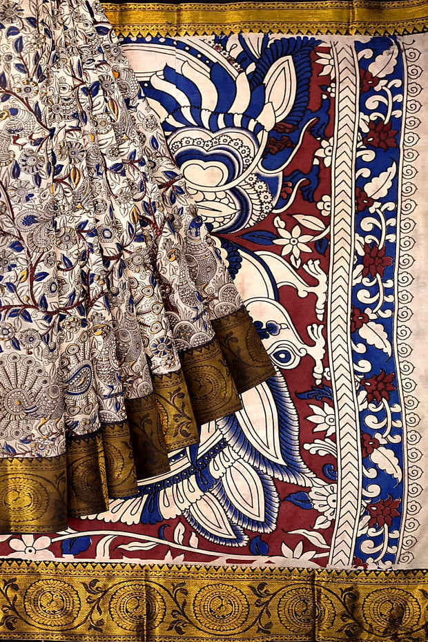 Mangalgiri silk cotton saree in  off white  in kalamkari print