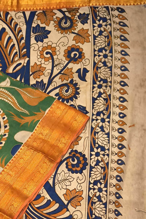 Mangalgiri silk cotton saree in  green  in kalamkari print