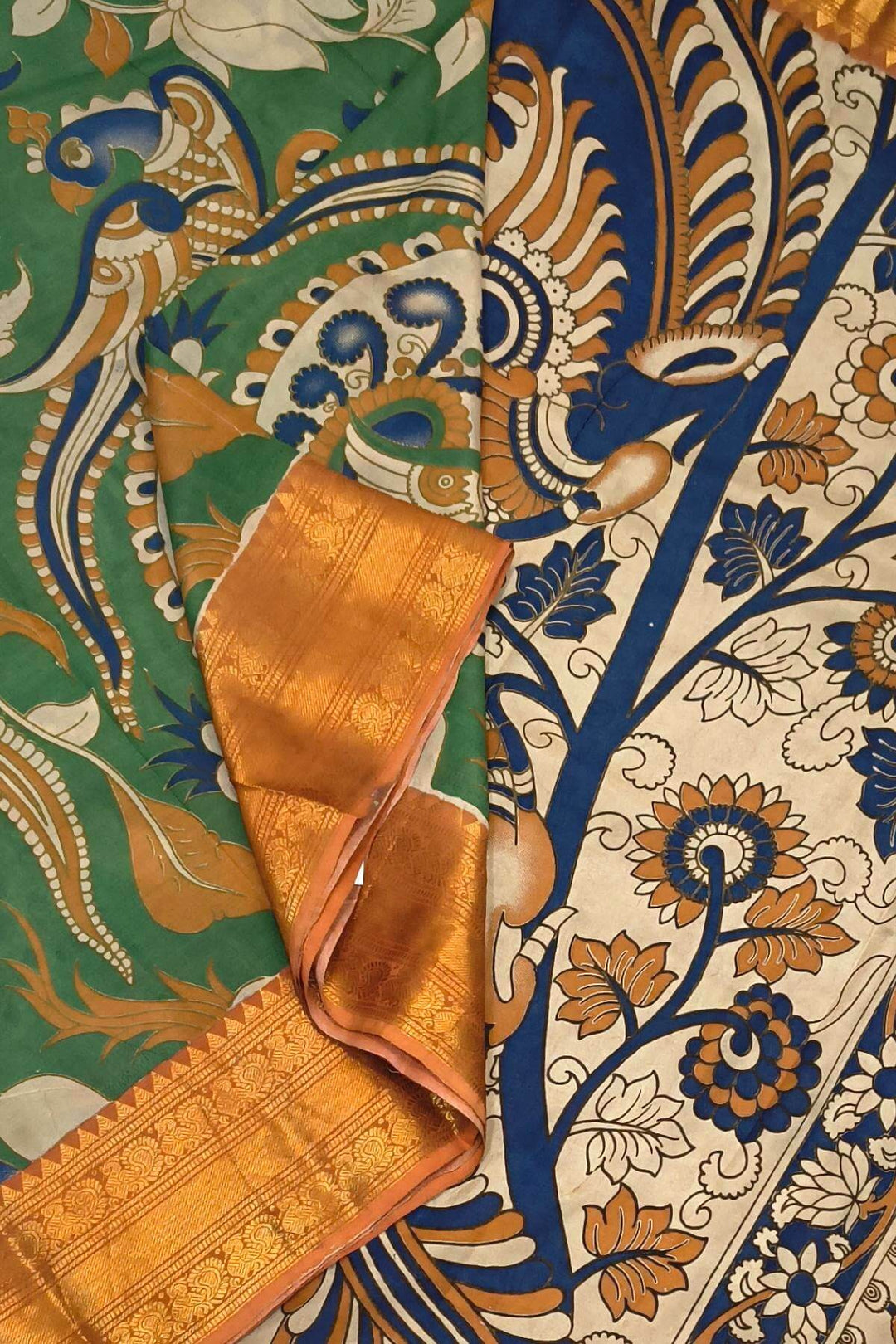 Mangalgiri silk cotton saree in  green  in kalamkari print