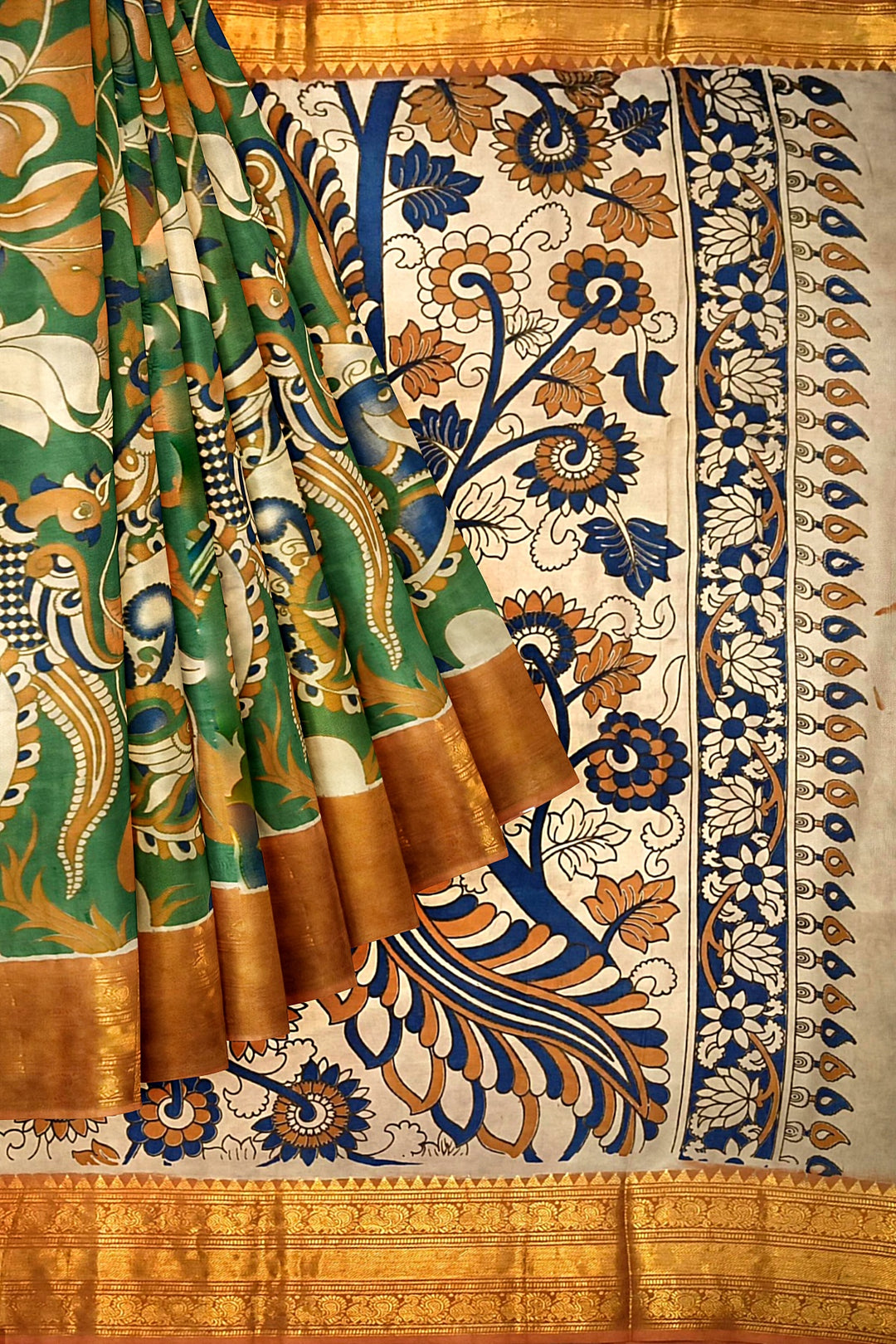 Mangalgiri silk cotton saree in  green  in kalamkari print