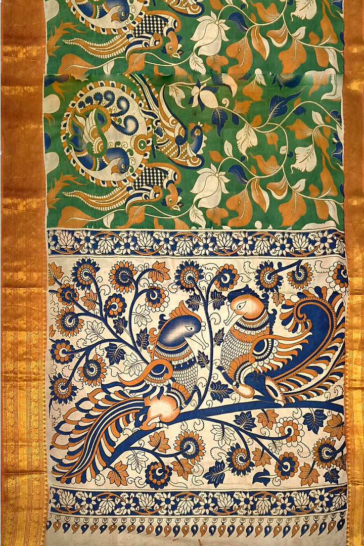Mangalgiri silk cotton saree in  green  in kalamkari print