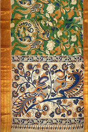 Mangalgiri silk cotton saree in  green  in kalamkari print