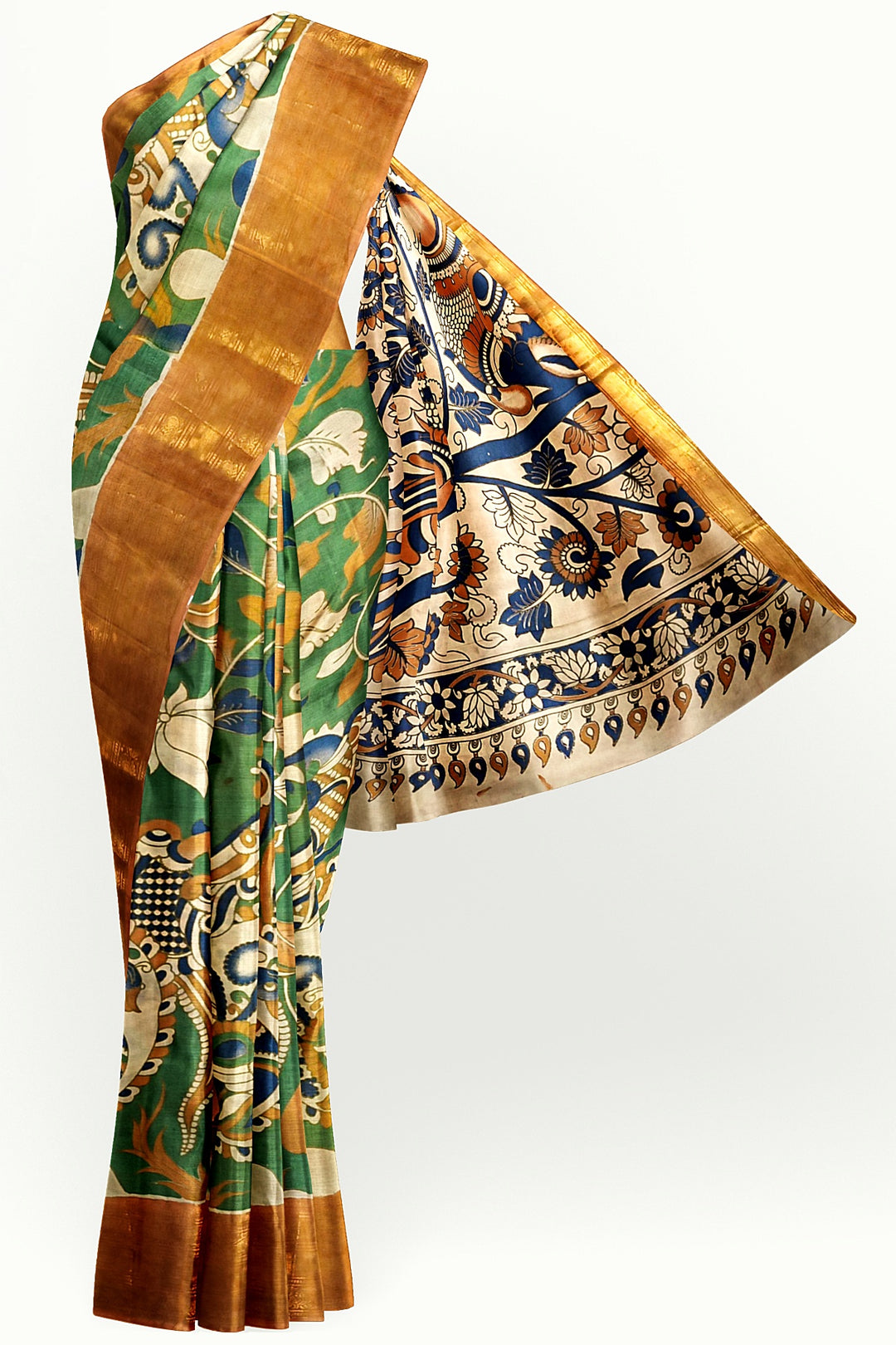 Mangalgiri silk cotton saree in  green  in kalamkari print