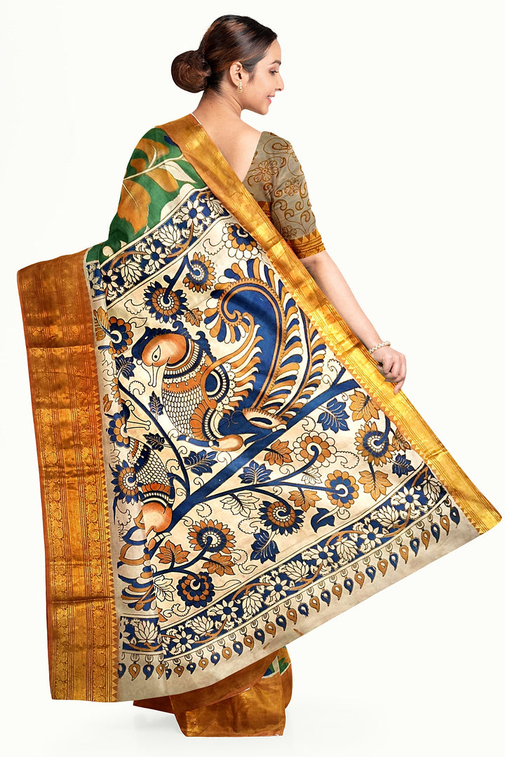 Mangalgiri silk cotton saree in  green  in kalamkari print