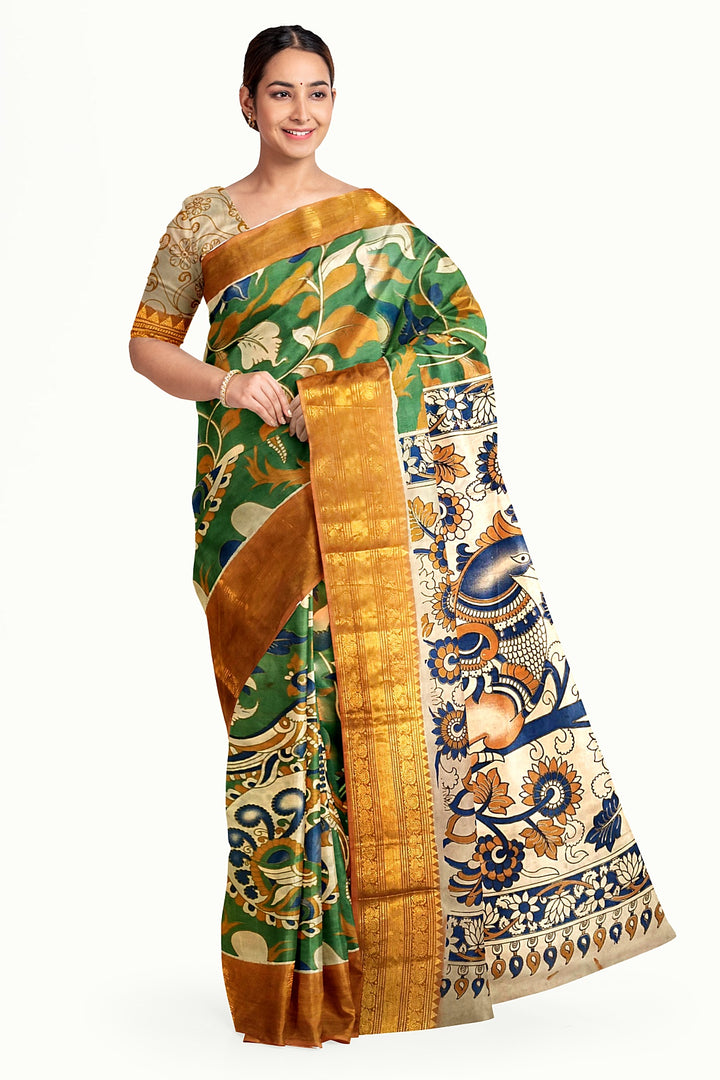 Mangalgiri silk cotton saree in  green  in kalamkari print