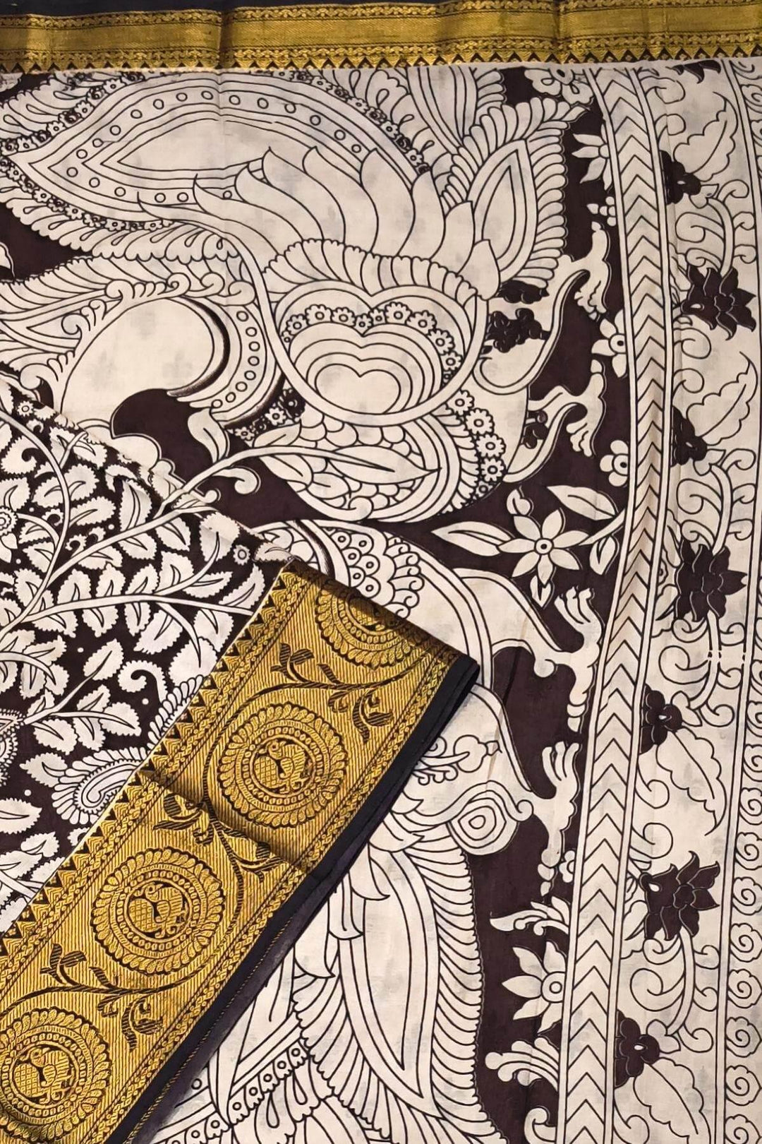 Mangalgiri silk cotton saree in  brown  in kalamkari print