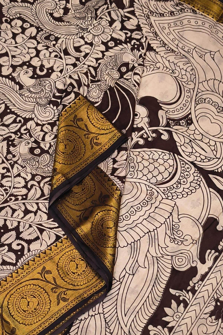 Mangalgiri silk cotton saree in  brown  in kalamkari print