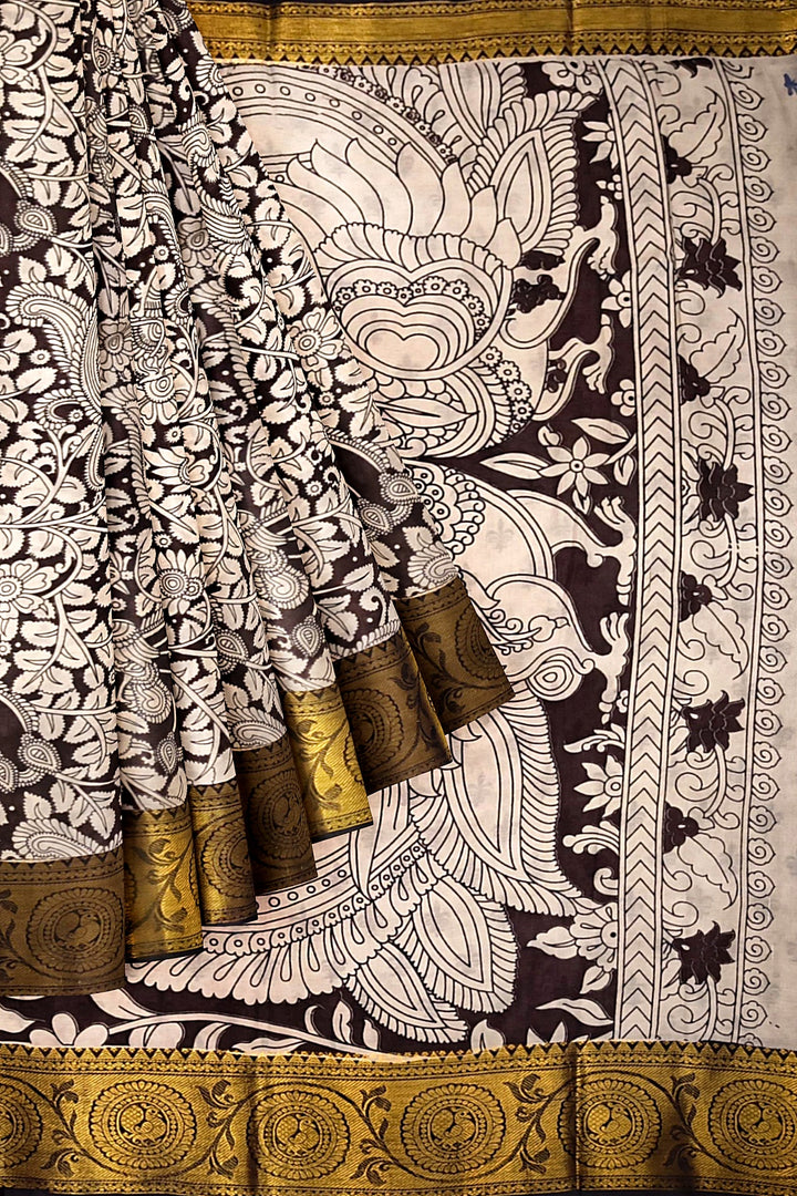 Mangalgiri silk cotton saree in  brown  in kalamkari print