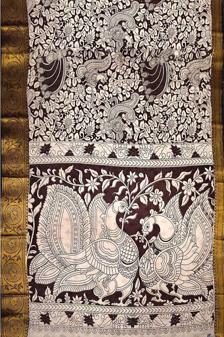 Mangalgiri silk cotton saree in  brown  in kalamkari print