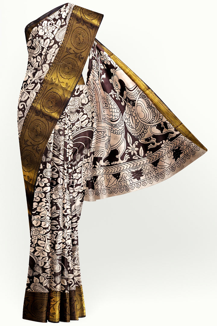 Mangalgiri silk cotton saree in  brown  in kalamkari print