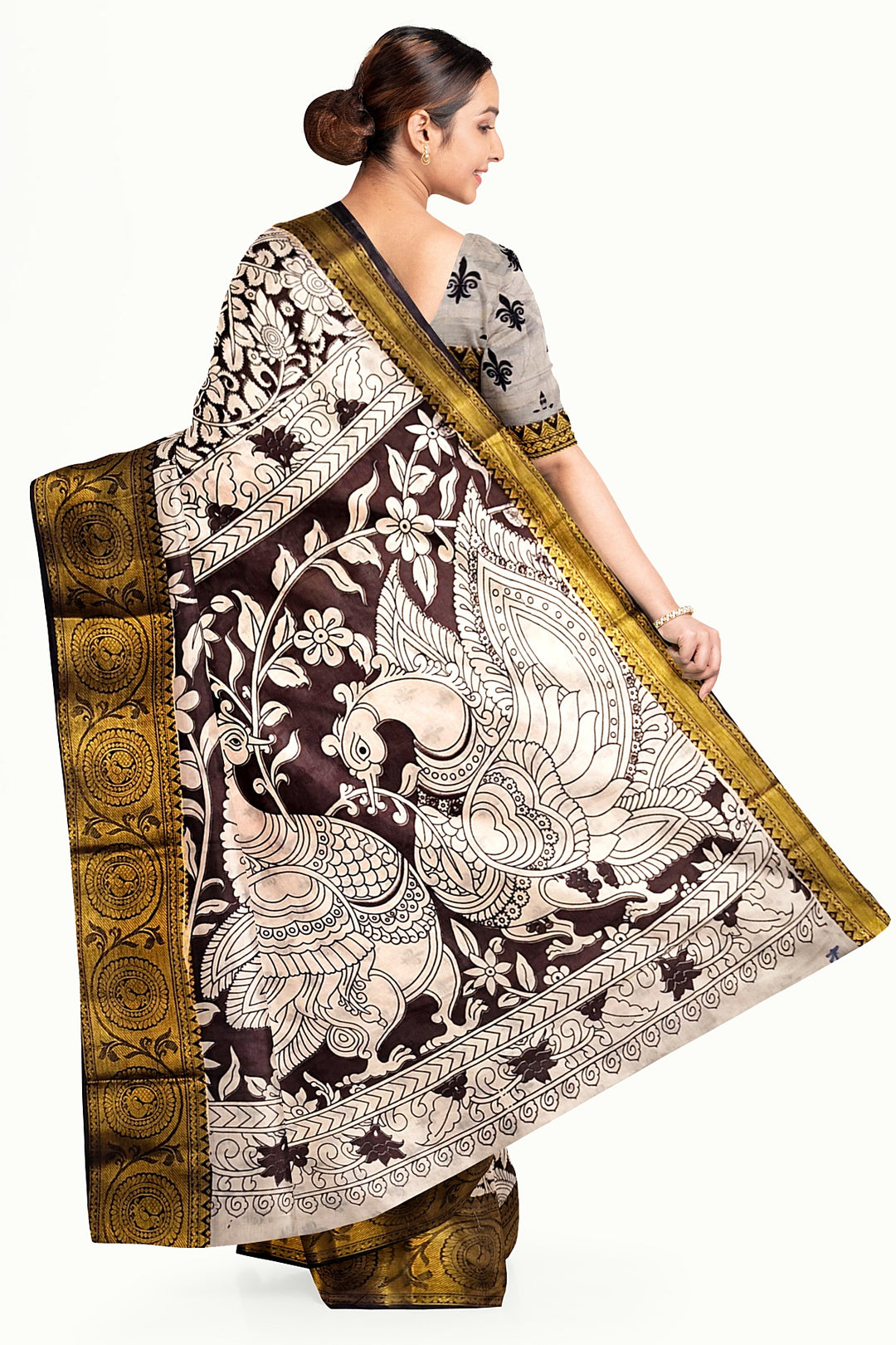 Mangalgiri silk cotton saree in  brown  in kalamkari print