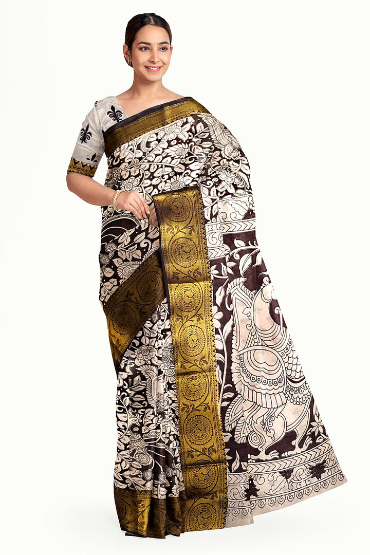 Mangalgiri silk cotton saree in  brown  in kalamkari print