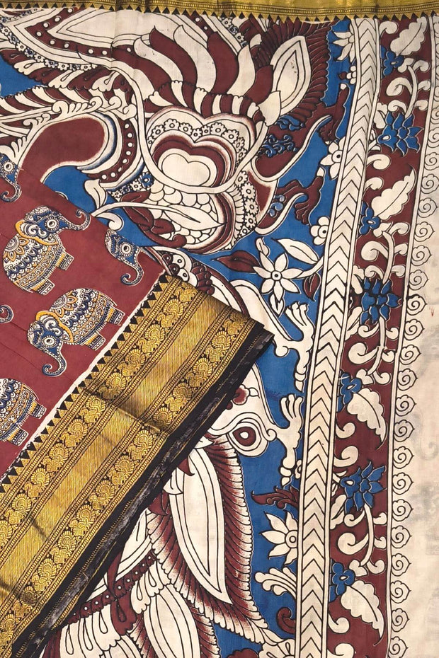 Mangalgiri silk cotton saree in  maron  in kalamkari print