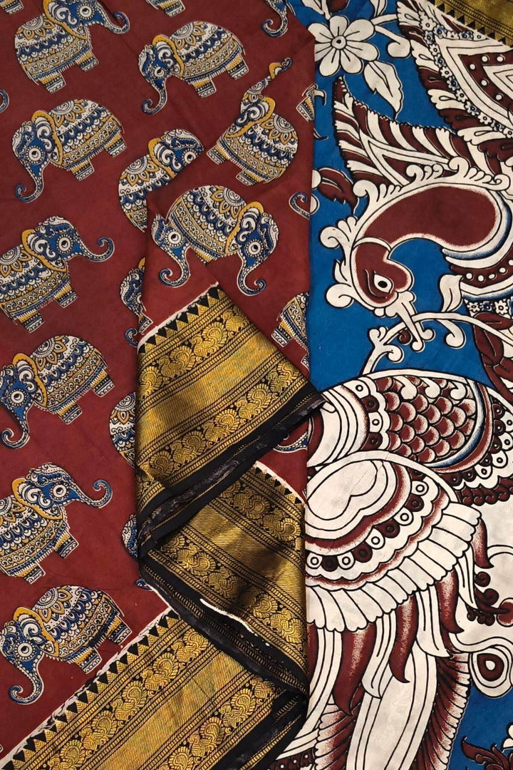 Mangalgiri silk cotton saree in  maroon  in kalamkari print