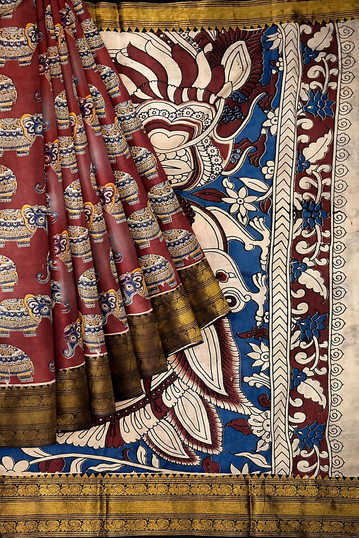 Mangalgiri silk cotton saree in  maroon  in kalamkari print