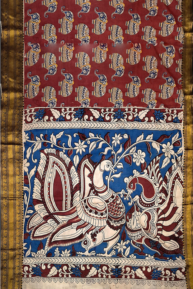 Mangalgiri silk cotton saree in  maron  in kalamkari print