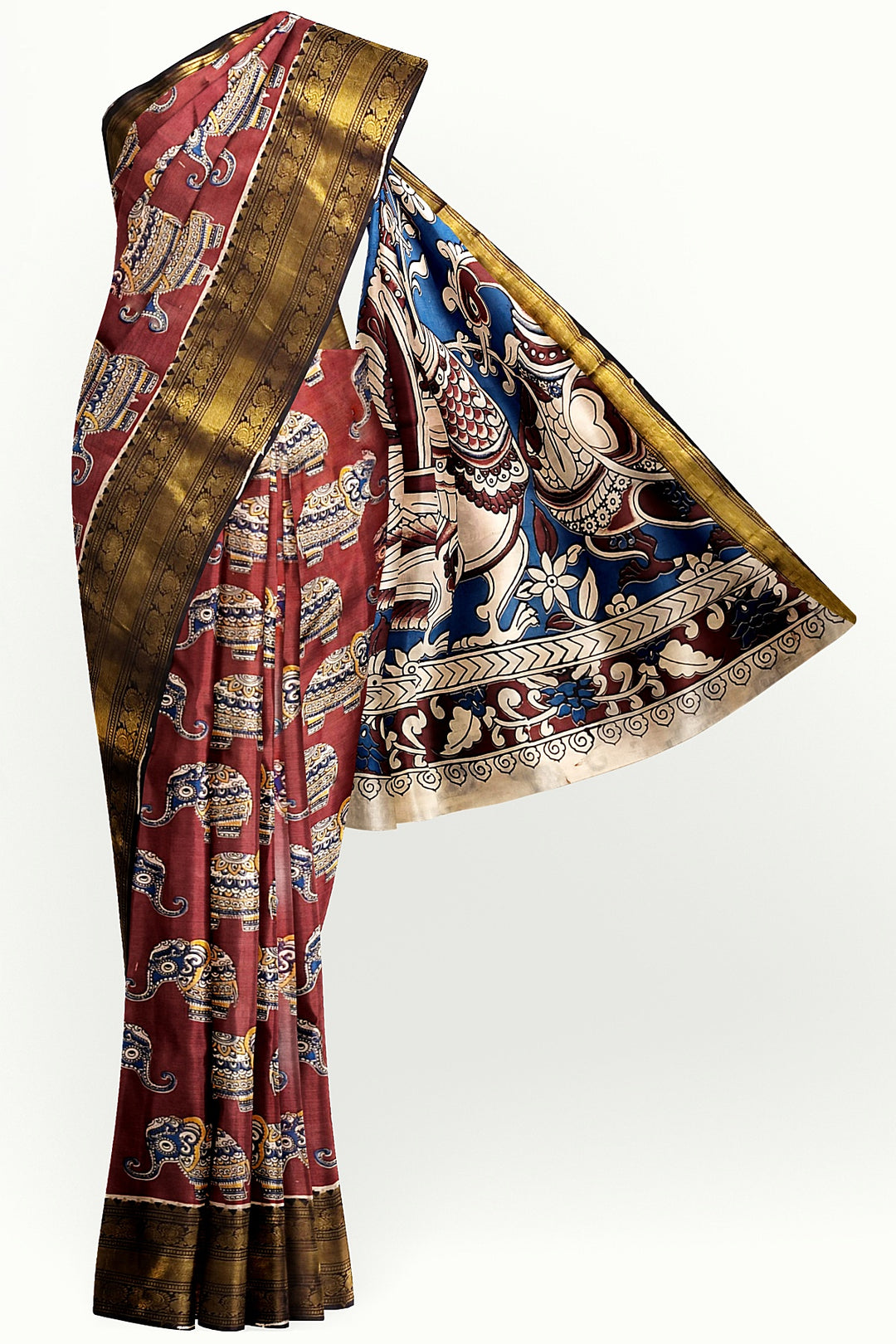 Mangalgiri silk cotton saree in  maroon  in kalamkari print