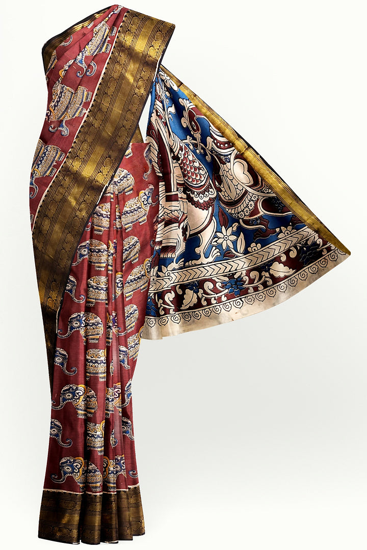 Mangalgiri silk cotton saree in  maroon  in kalamkari print