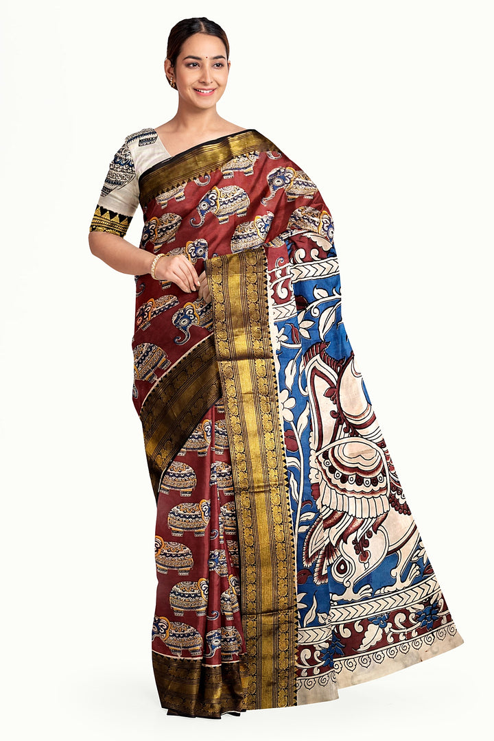 Mangalgiri silk cotton saree in  maroon  in kalamkari print