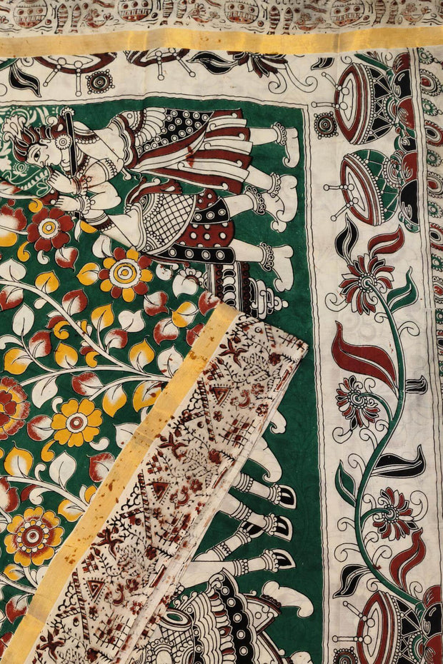 Mangalgiri silk cotton saree in green in  kalamkari print