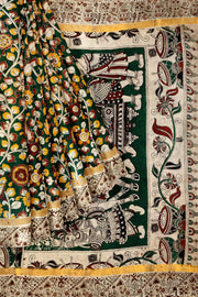 Mangalgiri silk cotton saree in green in  kalamkari print