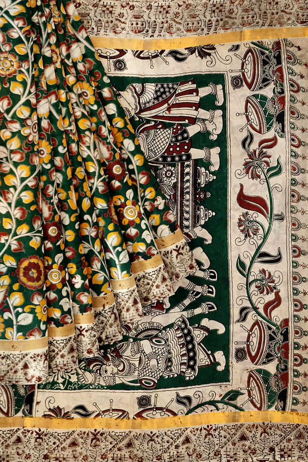 Mangalgiri silk cotton saree in green in  kalamkari print