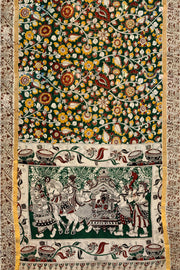 Mangalgiri silk cotton saree in green in  kalamkari print