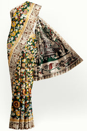 Mangalgiri silk cotton saree in green in  kalamkari print