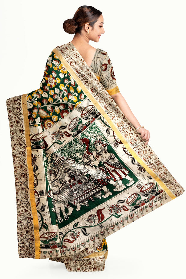 Mangalgiri silk cotton saree in green in  kalamkari print