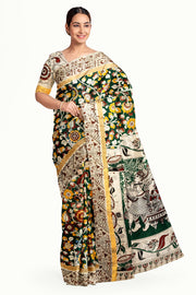 Mangalgiri silk cotton saree in green in  kalamkari print