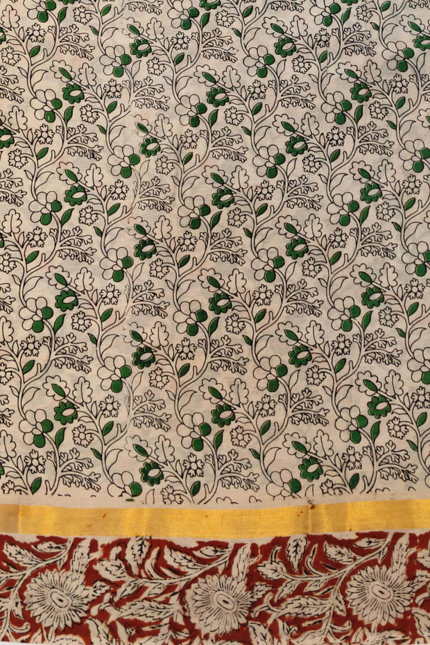 Mangalgiri silk cotton saree in off white & brown in  kalamkari print
