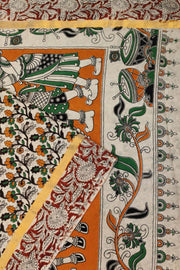 Mangalgiri silk cotton saree in off white & brown in  kalamkari print