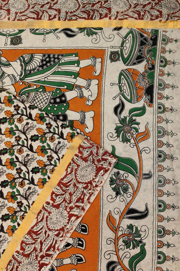 Mangalgiri silk cotton saree in off white & brown in  kalamkari print